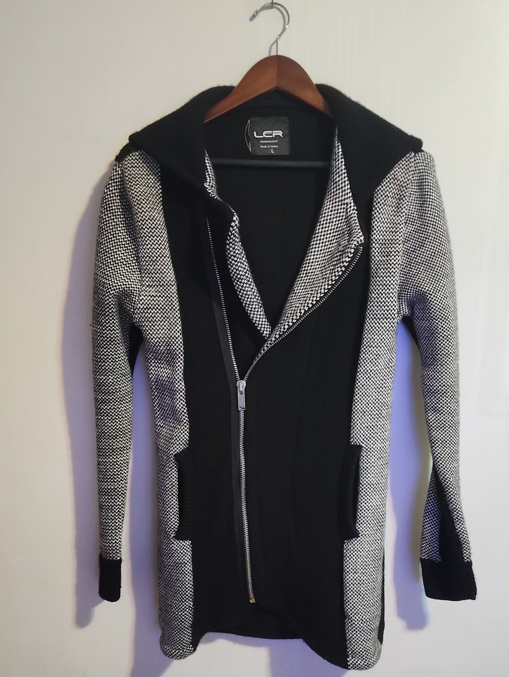 Black & White Hooded Zip-Front Trench Coat